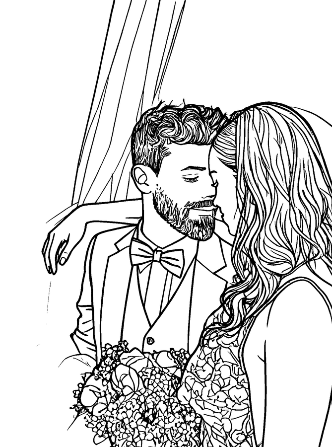 Coloring page made from the photo: bride and groom under a veil