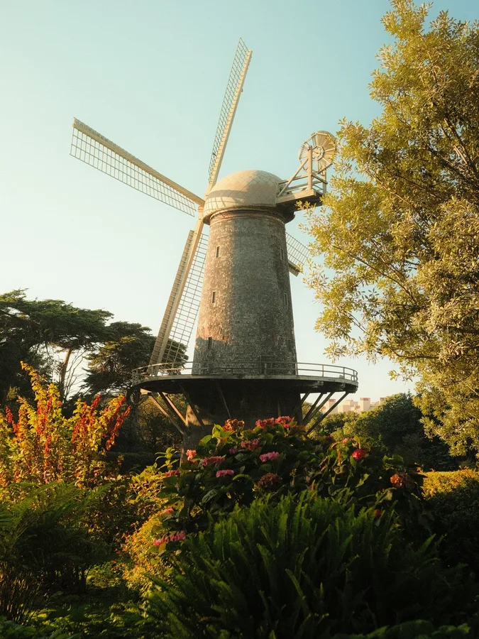 Original photo: windmill above a flower garden